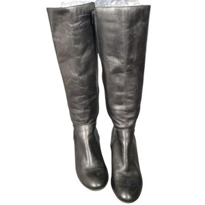 Arturo Chiang Black Leather Knee High Boots Block Heel Side Zip Women’s Size 8M